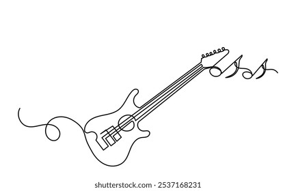 Desenho de linha contínua de baixo clássico violão acústico.Single-line elétrico instrumento musical conceito de logotipo, ícone de guitarra, e rock. Guitarra de ilustração vetorial isolada no fundo branco.