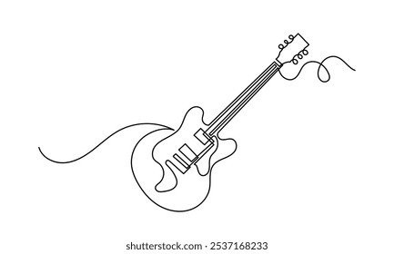 Desenho de linha contínua de baixo clássico violão acústico.Single-line elétrico instrumento musical conceito de logotipo, ícone de guitarra, e rock. Guitarra de ilustração vetorial isolada no fundo branco.