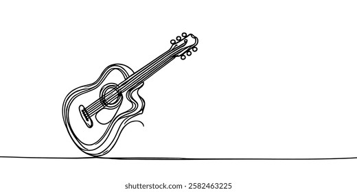 Continuous line drawing of bass classical acoustic guitar.Single-line electric Musical instrument concept of logo, guitar icon, and rock. Vector illustration guitar. isolated on white background.