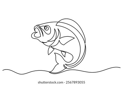 Continuous line drawing of a bass fish leaping out of water. Simple illustration of saltwater fish line art vector illustration, One line drawing of bass fish.bass fish isolated on a white background.