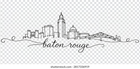 Continuous line drawing of the Baton Rouge city skyline with the state capitol building and the Horace Wilkinson Bridge, vector illustration.