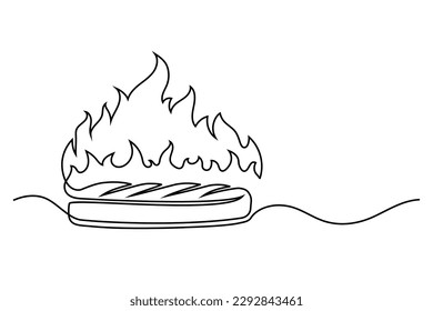 Continuous line drawing bbq steak and fire isolated on white background. BBQ concept. Vector illustration