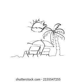 Continuous line drawing. Beach atmosphere in summer. The sun shines and coconut tress. Illustration icon vector