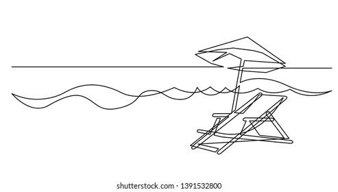 continuous line drawing of beach chair and umbrella near sea waves