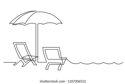 continuous line drawing of beach chairs and sea waves