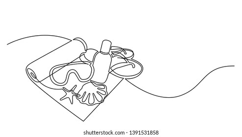 continuous line drawing of beach towel sunscreen lotion swimming googles flip flops on sand beach