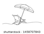 Continuous line drawing of beach umbrella and chairs. summer vacation concept. Coast of the sea, umbrella, chaise longue. Summer background illustration for beach holiday isolated on white background.