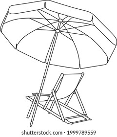 Continuous line drawing of beach umbrella and chairs. summer vacation concept. Coast of the sea, umbrella, chaise longue. Summer background illustration for beach holiday isolated on white background.