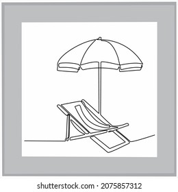 
Continuous line drawing of beach umbrella and chairs. summer vacation concept Sea beach, umbrella, chaise longue. Summer background illustration for beach vacation isolated on white background.