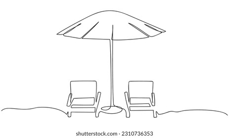 Continuous line drawing of beach umbrella and chairs. summer vacation concept. Vector illustration