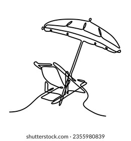 Continuous line drawing of beach umbrella and chairs. summer vacation concept. Coast of the sea, umbrella, chaise longue. Summer background illustration for beach holiday isolated on white background.
