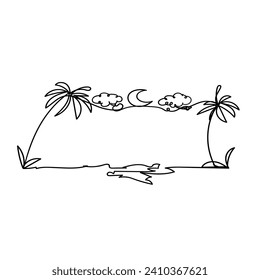 Continuous Line Drawing Beach View with Coconut trees. Summer Holiday. Illustration Icon Vector