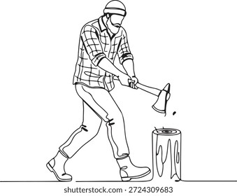 Continuous line drawing of a bearded lumberjack or woodcutter chopping a log with an axe, representing traditional craftsmanship and physical labor
