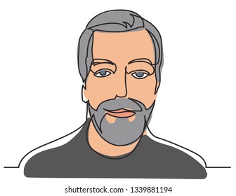 continuous line drawing of bearded man on white background