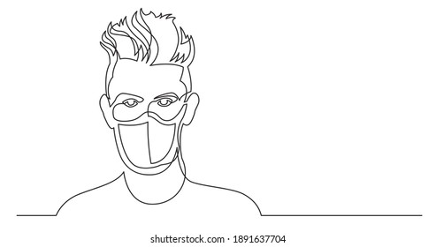 continuous line drawing of bearded man wearing face mask portrait