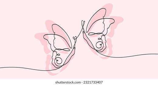 Continuous line drawing of beautiful butterflies. Minimalist black linear sketch isolated on pink background.