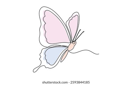 Continuous line drawing of beautiful butterfly. Single one line art. Simple linear style. Doodle vector illustration. Minimalist design. Isolated on a white background