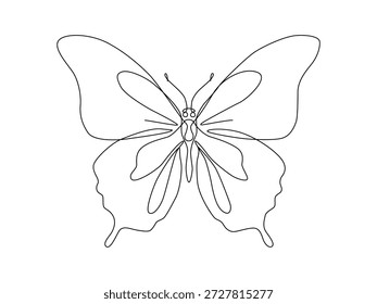 Un dibujo de línea continua de una hermosa mariposa con alas decorativas en un estilo gráfico minimalista.