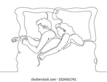 Continuous line drawing. Beautiful couple in sleeping pose on pillows. Vector illustration