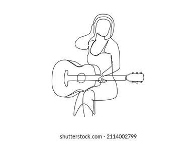 kontinuierliche Zeichnung der schönen weiblichen Gitarrist. Dynamisches Künstlerperformancekonzept, Single-line-Grafikdesign, Vektorgrafik