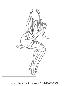 Continuous line drawing. Beautiful girl with a glass of wine. Vector illustration