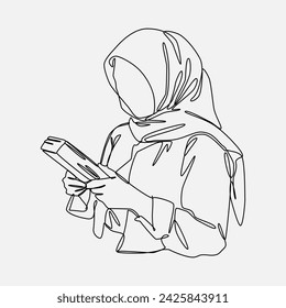 continuous line drawing of a beautiful hijab girl reading a book. isolated on white background. concept of learning, education, school, etc. vector illustration.