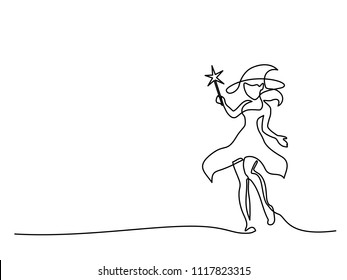 Continuous line drawing. Beautiful mage woman holding Magic wand. Vector illustration. Concept for logo, card, banner, poster, flyer