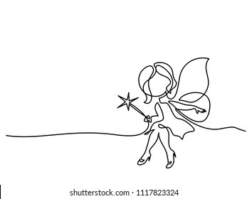 Continuous line drawing. Beautiful mage woman holding Magic wand. Vector illustration. Concept for logo, card, banner, poster, flyer