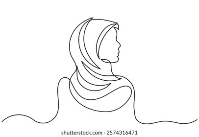 continuous line drawing of beautiful Muslim women in hijab.single-line art vector of an arab woman isolated on a white background. Arab girl, Muslim, hijab woman illustration concept.