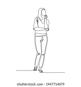 Continuous line drawing of beautiful pensive female standing looking away against. Single one line drawing of standing woman thinking. Vector illustration