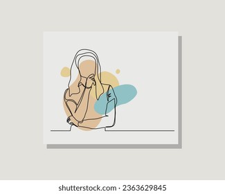 Continuous line drawing of beautiful pensive female standing looking away against. Single one line drawing of standing woman thinking. Vector illustration