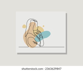 Continuous line drawing of beautiful pensive female standing looking away against. Single one line drawing of standing woman thinking. Vector illustration