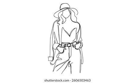 Continuous line drawing of beautiful pensive female standing looking away against. Single one line drawing of standing woman thinking. Vector illustration