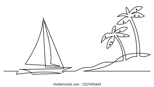 continuous line drawing beautiful sailboat yacht sailing near tropical beach and palm trees