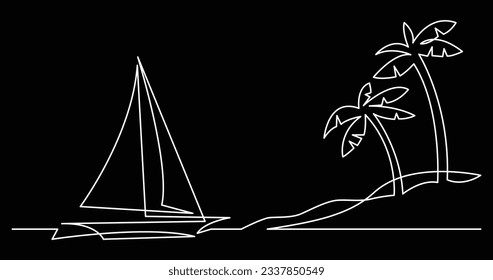 continuous line drawing of beautiful sailboat yacht sailing near tropical beach with palm trees