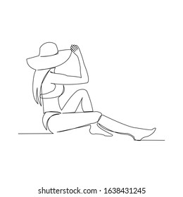 Continuous line drawing of beautiful and sexy girl wearing a beach hat. Line art for summer day. Vector illustration.