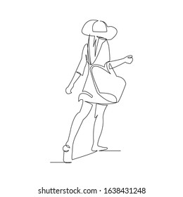 Continuous line drawing of beautiful and sexy girl wearing a beach hat. Line art for summer day. Vector illustration.