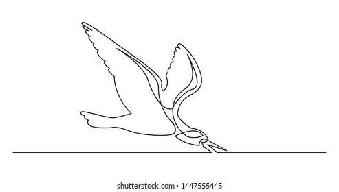 continuous line drawing of beautiful skimmer bird flying over water surface