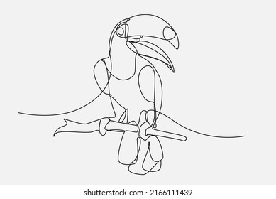 Continuous Line drawing of a beautiful toucan bird perched on a tree branch