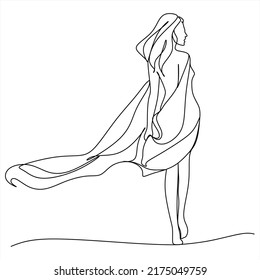 Continuous Line Drawing Of Beautiful Woman Walk On Beach Wearing Bikini. Vector Illustration.