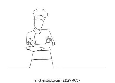 Continuous Line Drawing Of Beautiful Woman In Chef  Cook Uniform With Hat