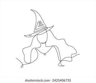 continuous line drawing of a beautiful woman witch Halloween. linear style and Hand drawn Vector illustrations, character design outline collection, cartoon doodle