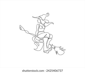 continuous line drawing of a beautiful woman witch Halloween. linear style and Hand drawn Vector illustrations, character design outline collection, cartoon doodle