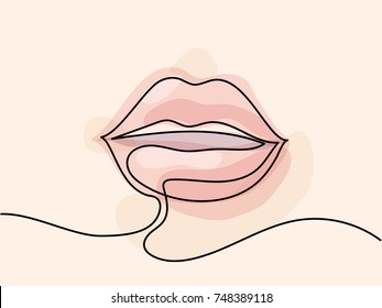 Continuous line drawing. Beautiful Woman s lips logo. Pastel soft color outline vector illustration. Concept for logo, card, banner, poster, flyer