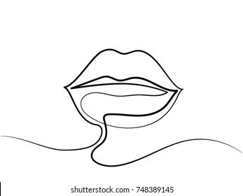 Continuous line drawing. Beautiful Woman s lips logo. Black and white isolated outline vector illustration. Concept for logo, card, banner, poster, flyer