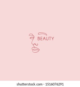 Continuous line, drawing of beautiful womans face, fashion concept, woman beauty minimalist, vector illustration print on beige background. One line fashion illustration with inscription beauty