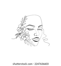 Continuous line drawing of Beautiful Woman's face with flowers. Nature cosmetics. The Concept of Skin Beauty Care for young female models. Bouquet of flowers in one line artwork of woman's head.