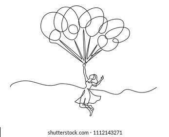 Continuous line drawing. Beautiful young woman holding balloons and flying. Vector illustration. Concept for logo, card, banner, poster, flyer