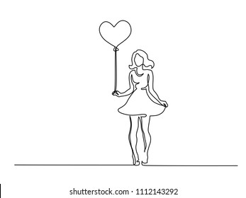 Continuous line drawing. Beautiful young woman holding balloon heart. Vector illustration. Concept for logo, card, banner, poster, flyer