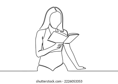 continuous line drawing of beautiful young woman reading book in swimming pool at hotel and resort